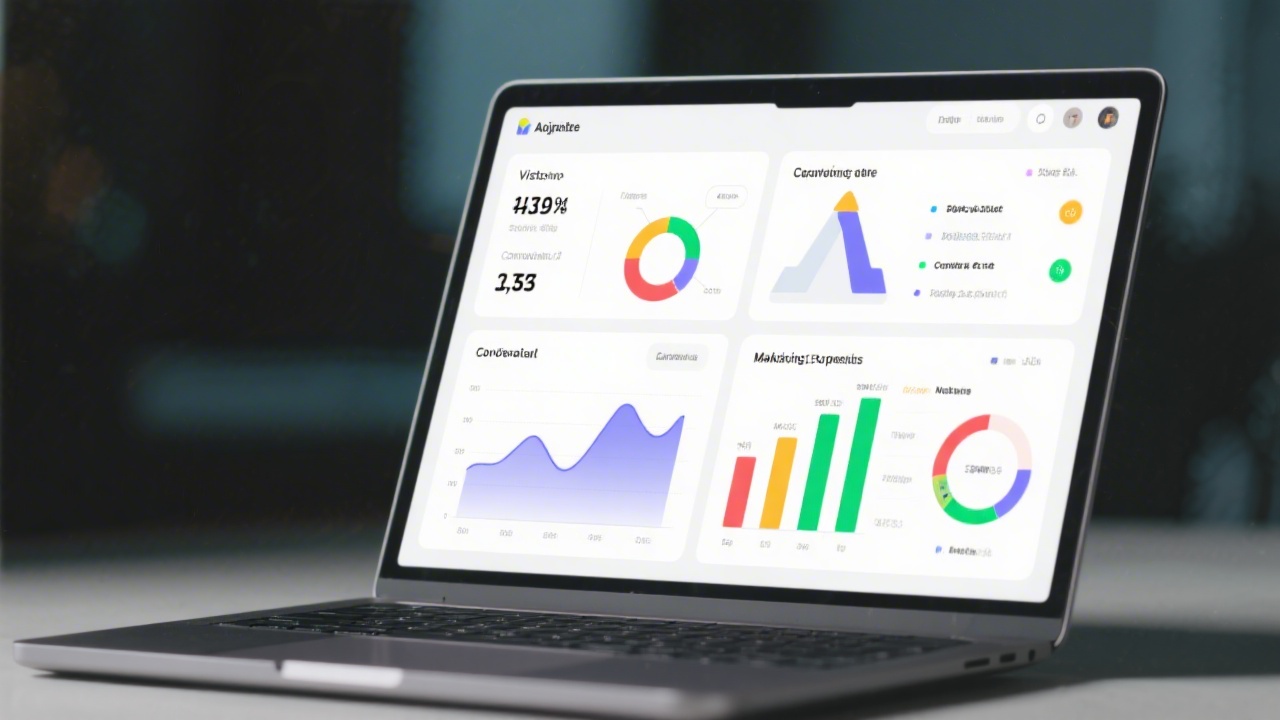 Laptop showing a clean analytics dashboard with charts, visitor numbers, conversion funnels, and clear color coding for marketing experiment results