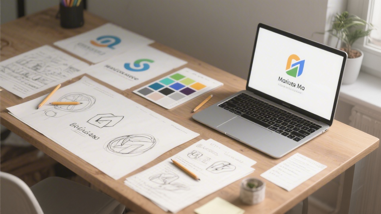 Desk with branding sketches, pencil drawings of logos, typography notes, and a laptop displaying a simple color palette for a new web project