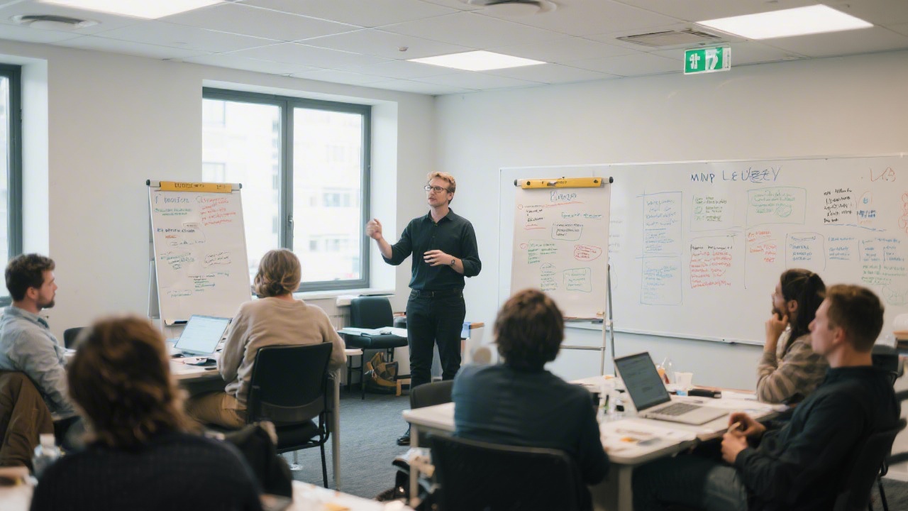 Workshop room with a facilitator guiding participants through MVP planning, flipcharts filled with notes, and focused learners working in teams