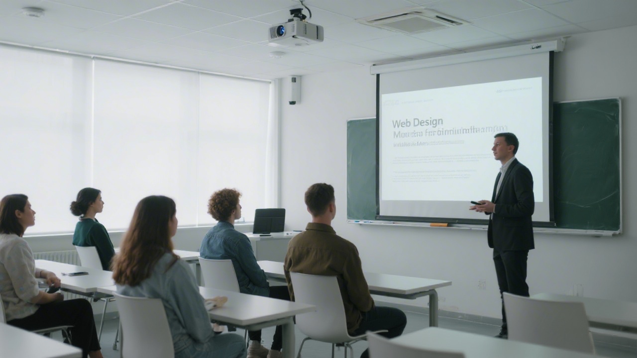 Modern classroom with projector, minimalist chairs, and a group of students listening to a lecture on web design fundamentals