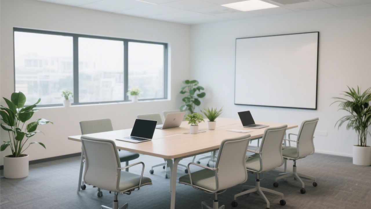 Calm office interior with meeting table, plants, notebook computers, and a minimalist design suited for training sessions and focused learning