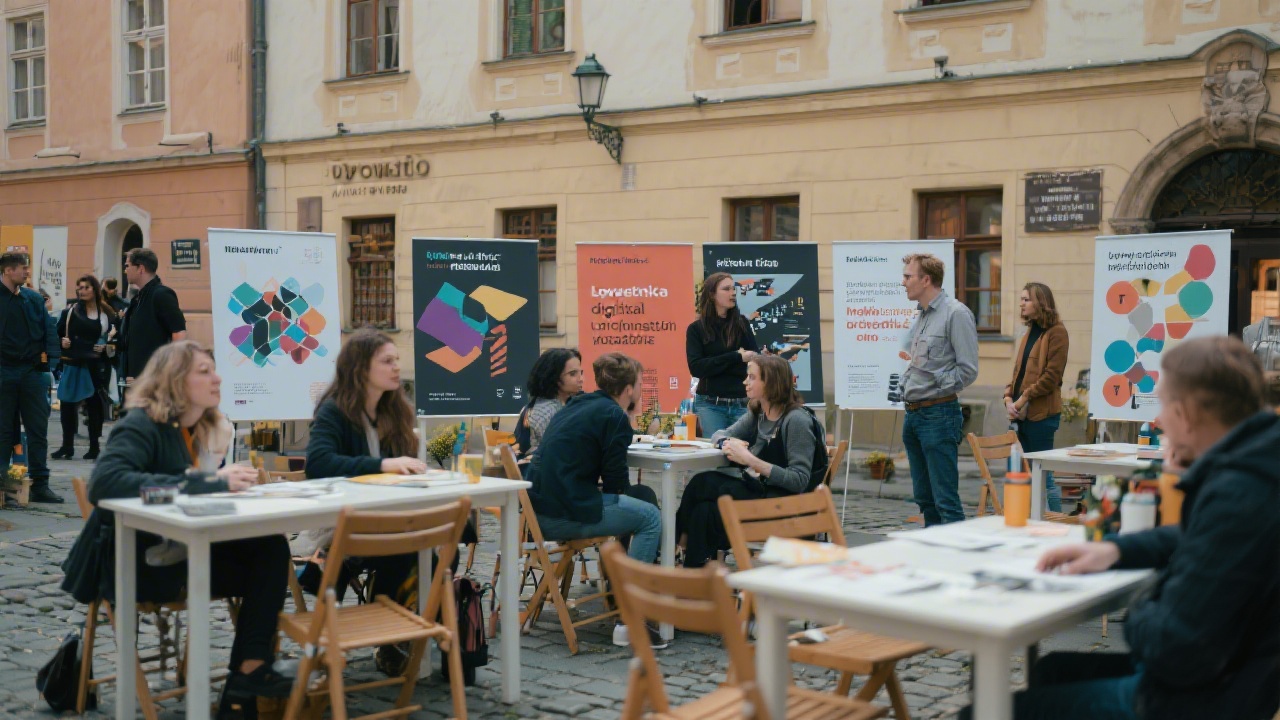 Small cultural event in Olomouc with posters, creative tables, and people discussing digital promotion ideas for local initiatives
