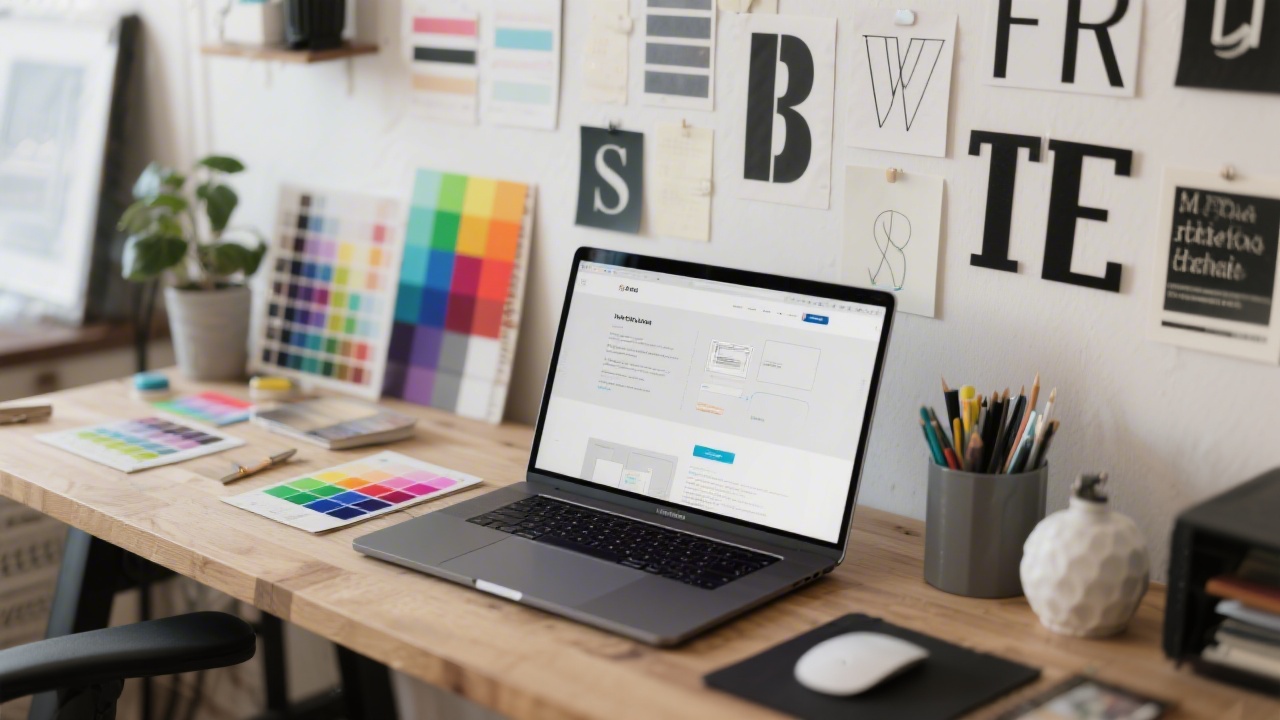 Creative studio desk with color palettes, typography samples, and a laptop displaying a clean web layout in progress