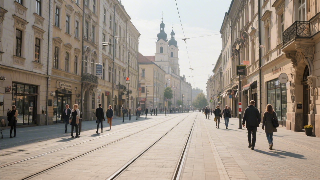 Street view of Olomouc with historic buildings, modern tram tracks, and pedestrians walking toward a calm business area suitable for workshops