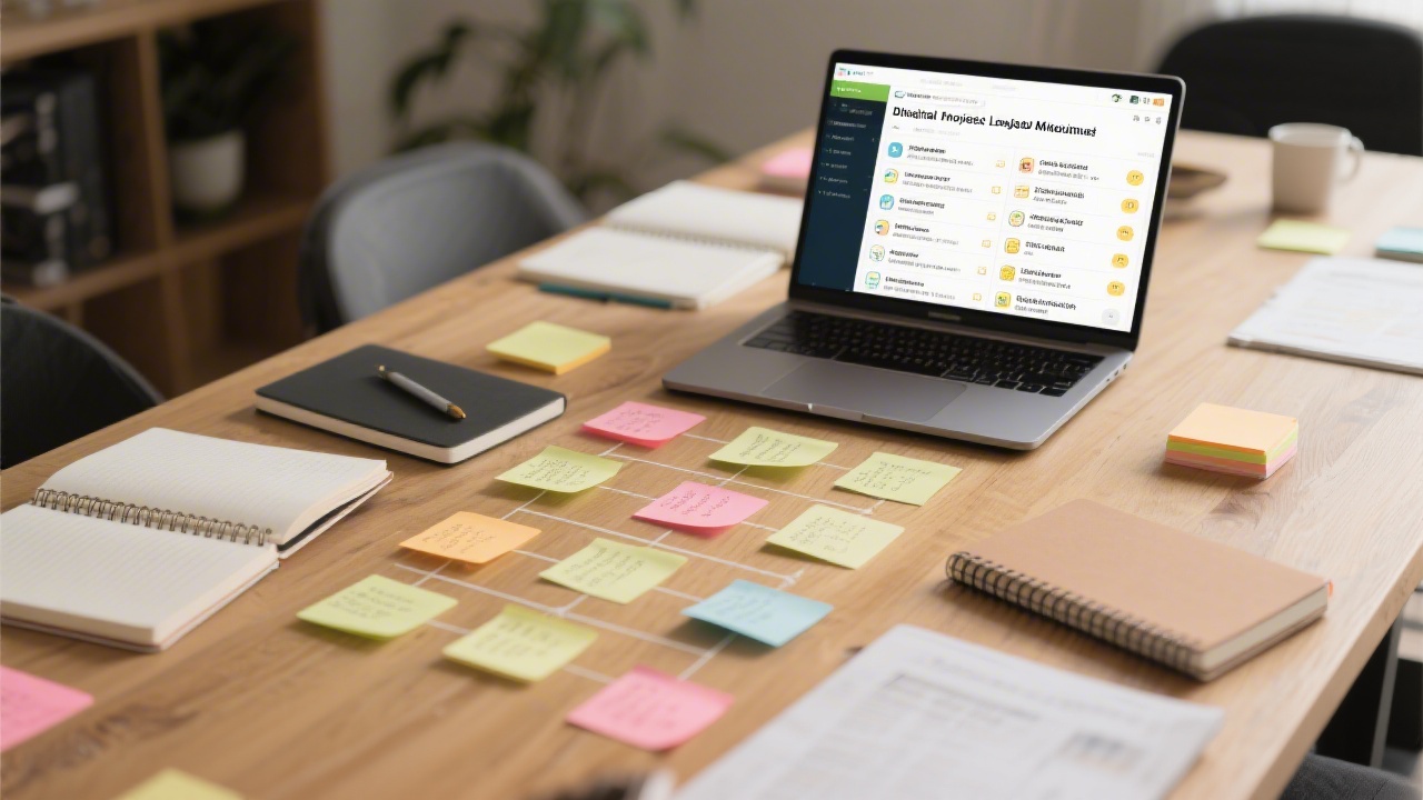 Wide table with notebooks, sticky notes, and a laptop showing a structured list of services and learning modules for digital projects