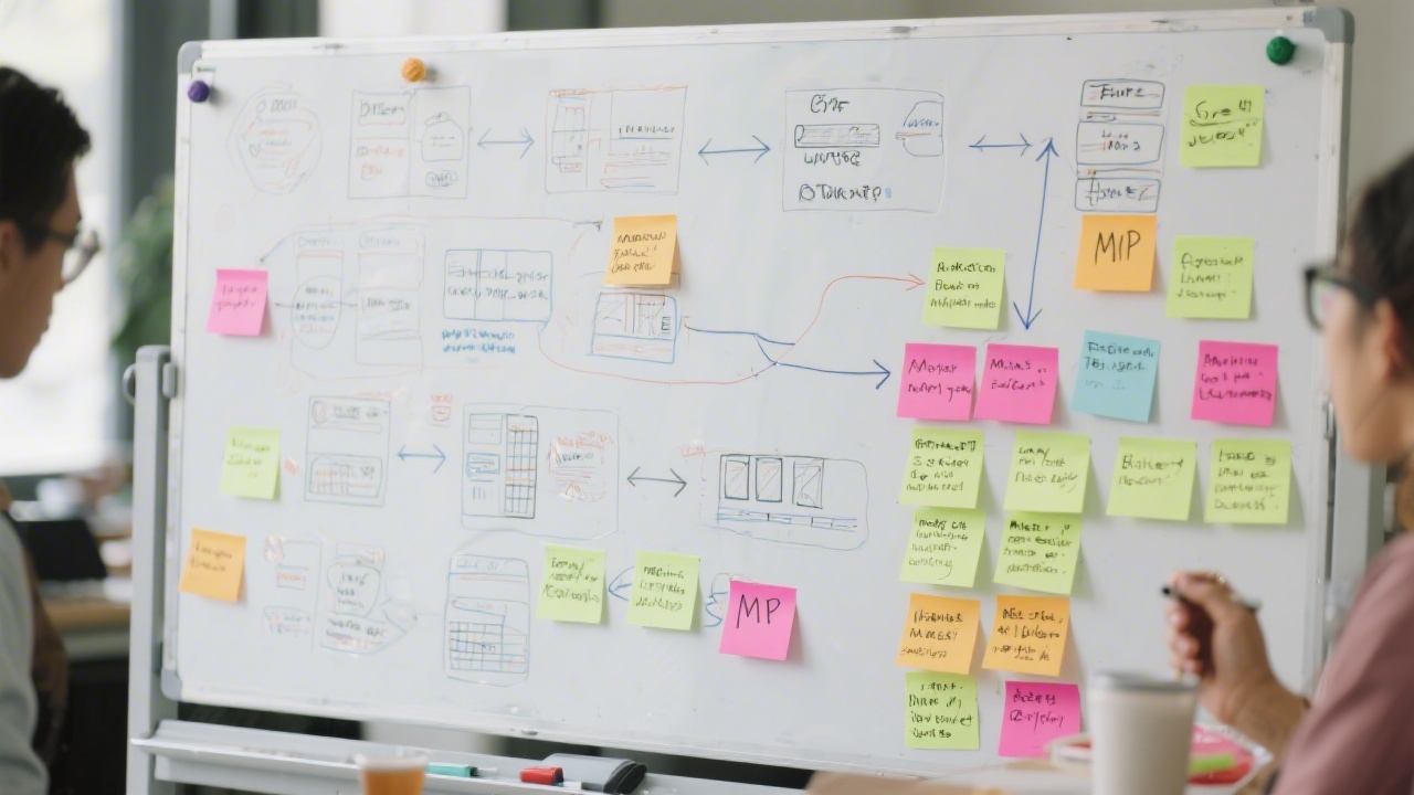Close view of a whiteboard filled with wireframes, sticky notes, user flow arrows, and concise MVP feature lists created during a workshop session